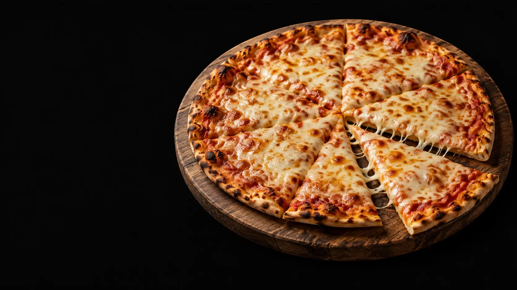 Felii de pizza cu mozzarella pe o tavă rotundă din lemn rustic, fără verdețuri, pe fundal negru — imagine de prezentare