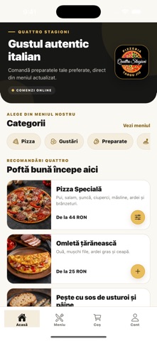 Captură din aplicația Quattro Stagioni pentru iPhone: meniul și produsele restaurantului